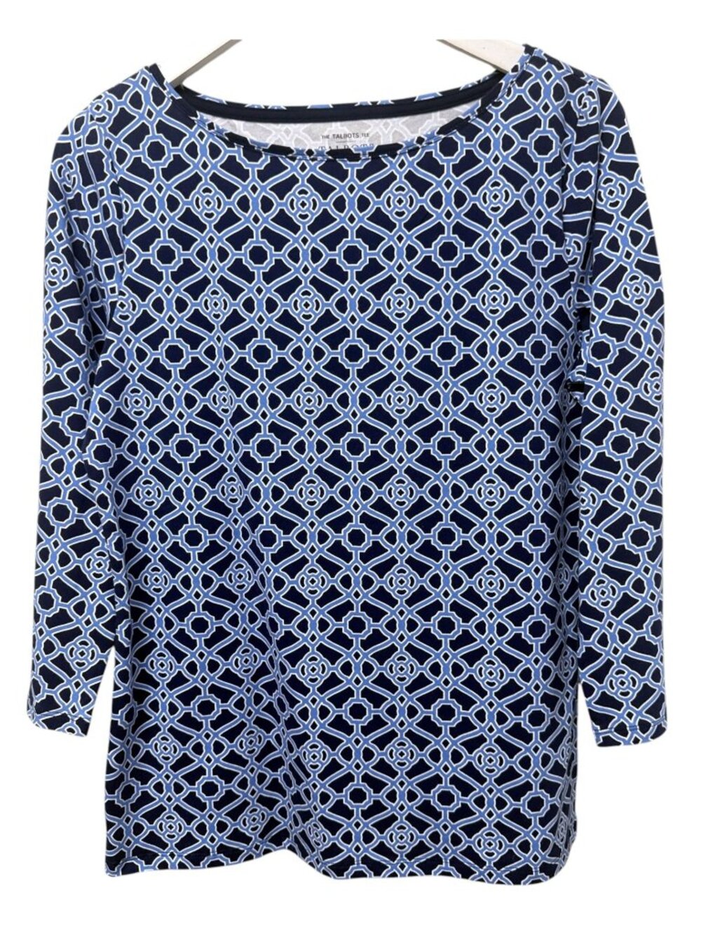 Talbots T-shirt Medium Blue Geometric Print Tee 3/4 Sleeve Boat Neck Womens Top